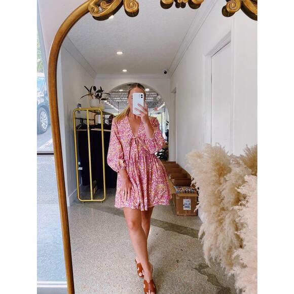VANESSA BRUNO Pink Orange Floral 100% Cotton 3/4 Sleeve Tie Front Theis  Dress S
